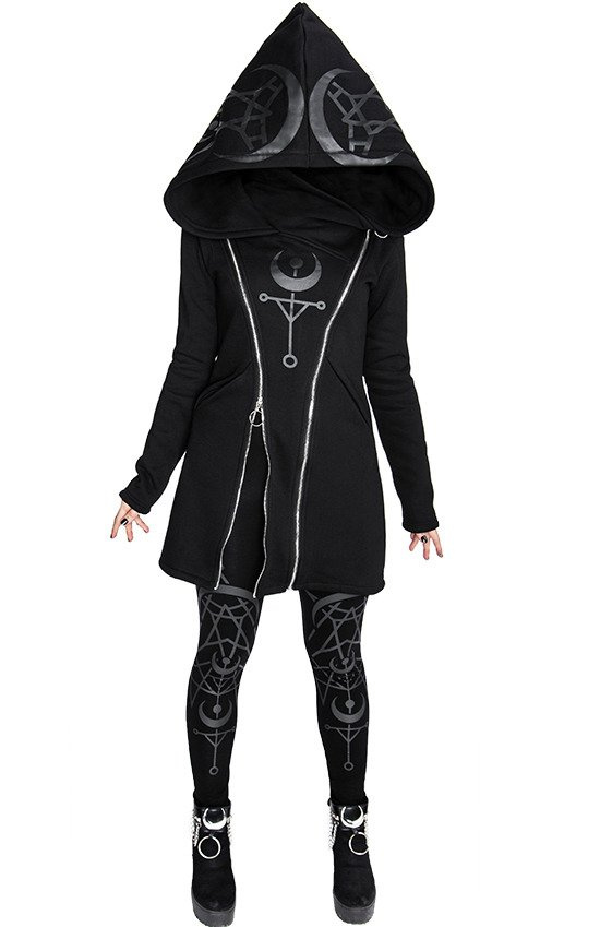 TWIN MOON HOODIE black gothic double zipped jacket with print