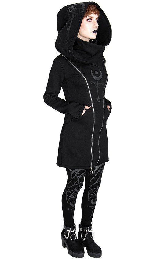 TWIN MOON HOODIE czarna gotycka bluza z dwoma suwakami i nadrukiem