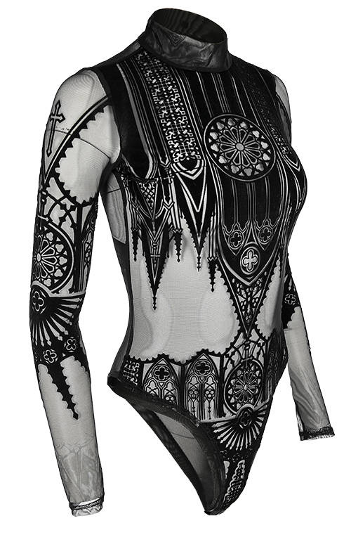 Black gothic INVERTED CATHEDRAL MESH BODYSUIT