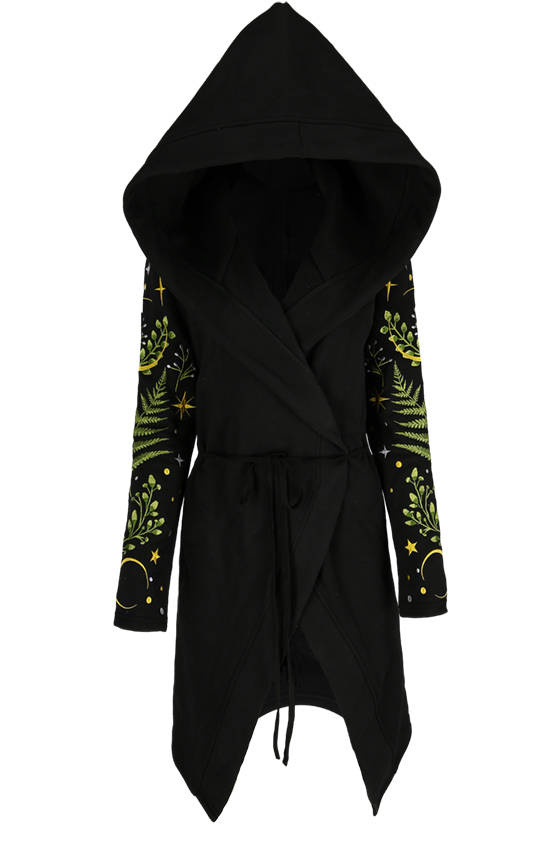 HERBAL HOODIE haft paproć i księżyc Długa, gotycka bluza z paprocią