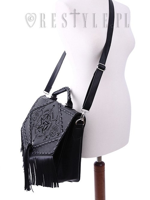 Black gothic satchel with fringe, laser cut pentagram, alchemical symbols "Boho Witch Bag"