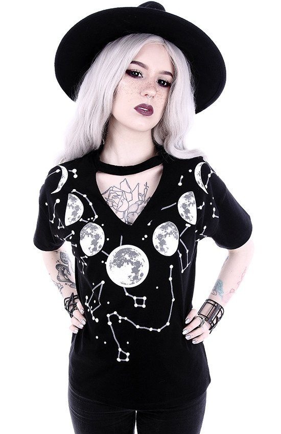 V-neck with choker gothic blouse with  "MOON PHASES"