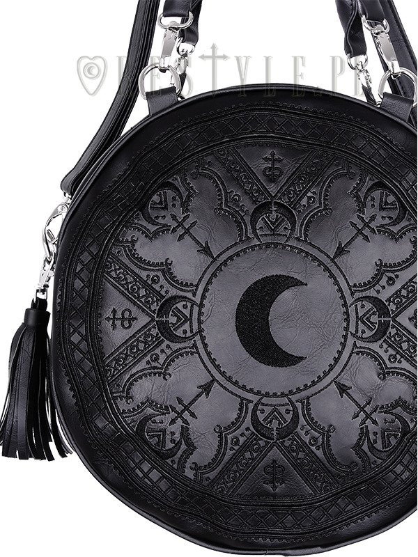 Moon embroidery handbag, witchy purse with moon & tessels "HENNA BLACK ROUND BAG"