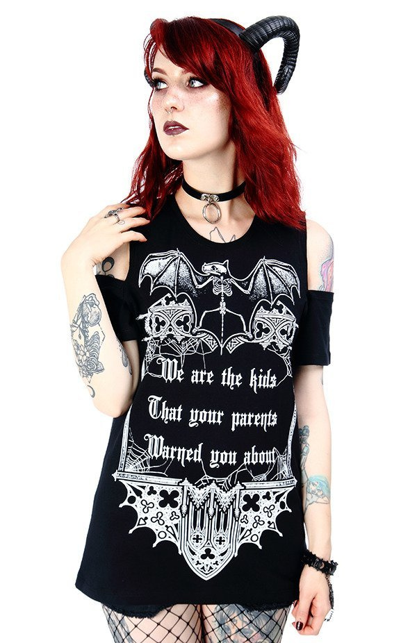 Black women`s gothic T-shirt cold shoulder We are the kids