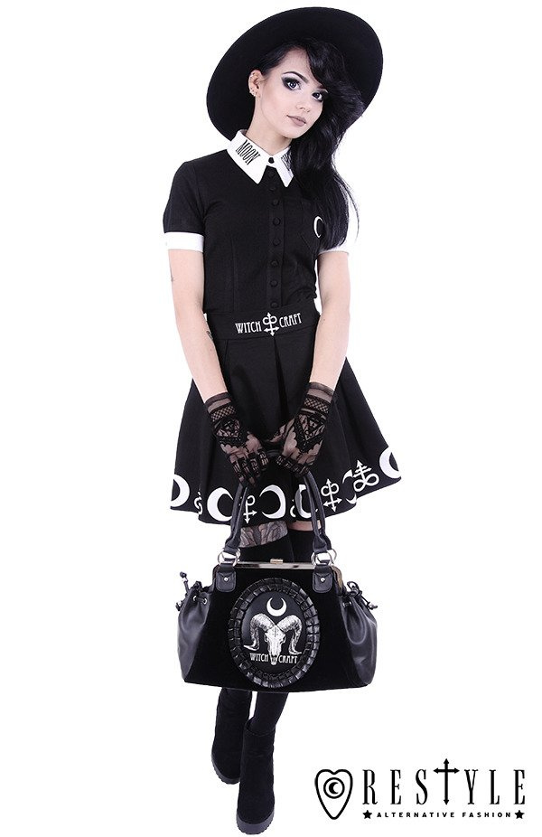 Schwarzer Plissee-Rock mit Alchemie-Druck, Mond, Symbolen "SYMBOL SKIRT"