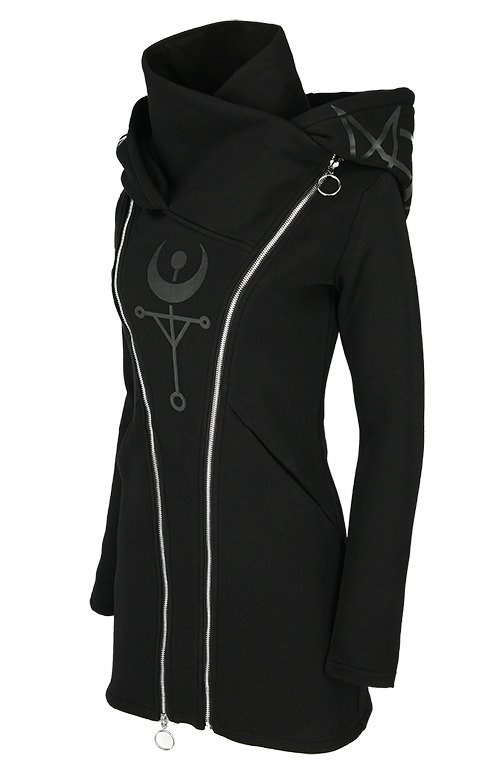 TWIN MOON HOODIE schwarze Gothic-Jacke mit doppeltem Reißverschluss und Aufdruck