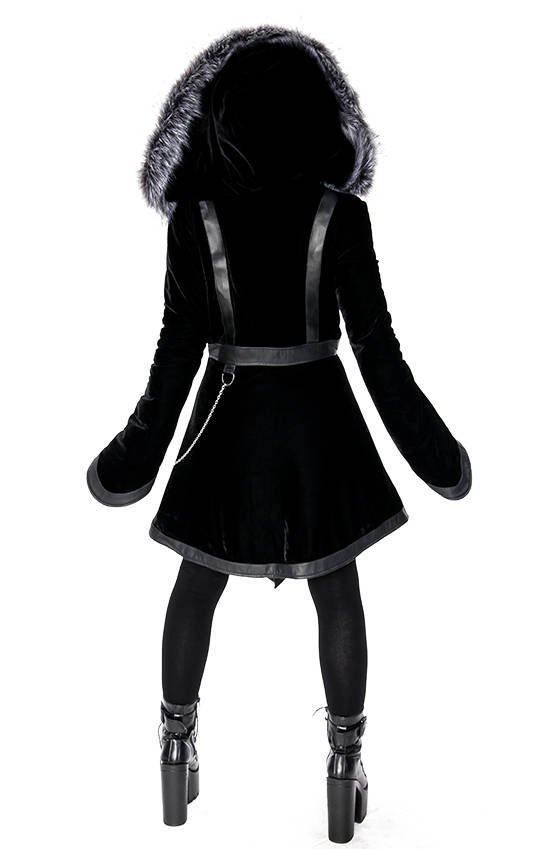 Black Velvet D-ring Coat with Oversized Hood Trimmed with Silver Fur