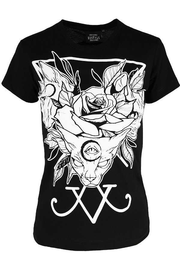 Black women`s T-shirt Threeheaded cat