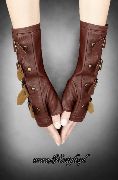 Brown steampunk arm warmers with buckles